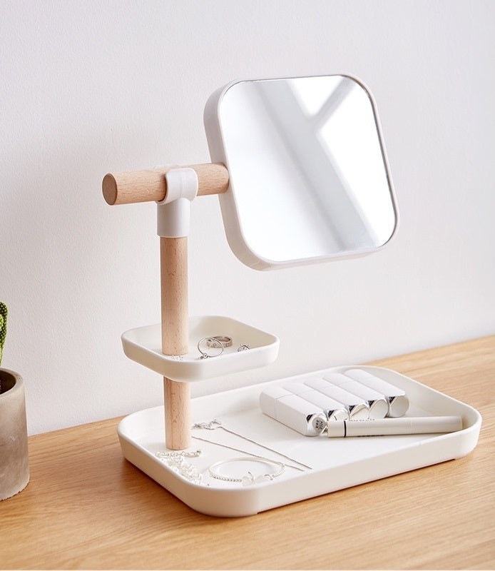 Desktop Cosmetics Storage Box With Mirror Dressing Table Finishing Rack