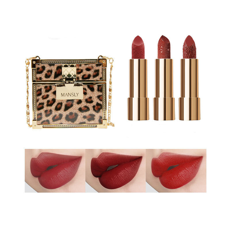 Fashion Small Sachet Mousse Lipstick Leopard Print Chain With Small Round Mirror Set