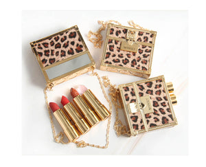 Fashion Small Sachet Mousse Lipstick Leopard Print Chain With Small Round Mirror Set